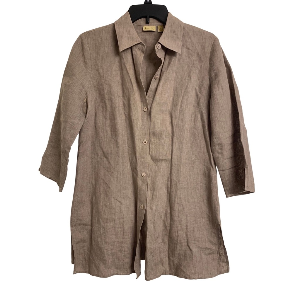 Caslon 100% Linen Button Down Tunic Shirt Taupe Brown Petite M